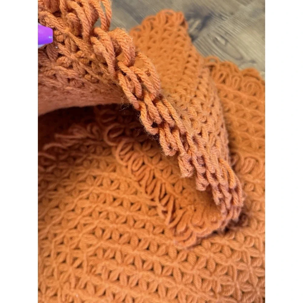 Vintage 70s Orange Brown (4) Handmade Crochet Placemats Granny MCM Flower Double